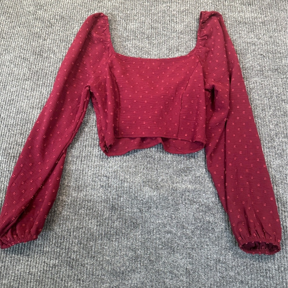 Altar'd State Swiss Dot Twist Front Crop Top Medium Burgundy Long Sleeve Woven - Picture 2 of 7